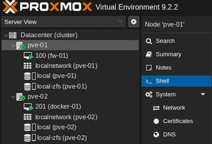 Proxmox-Cluster mit zwei Servern, virtuellen Maschinen und ZFS-Speicher